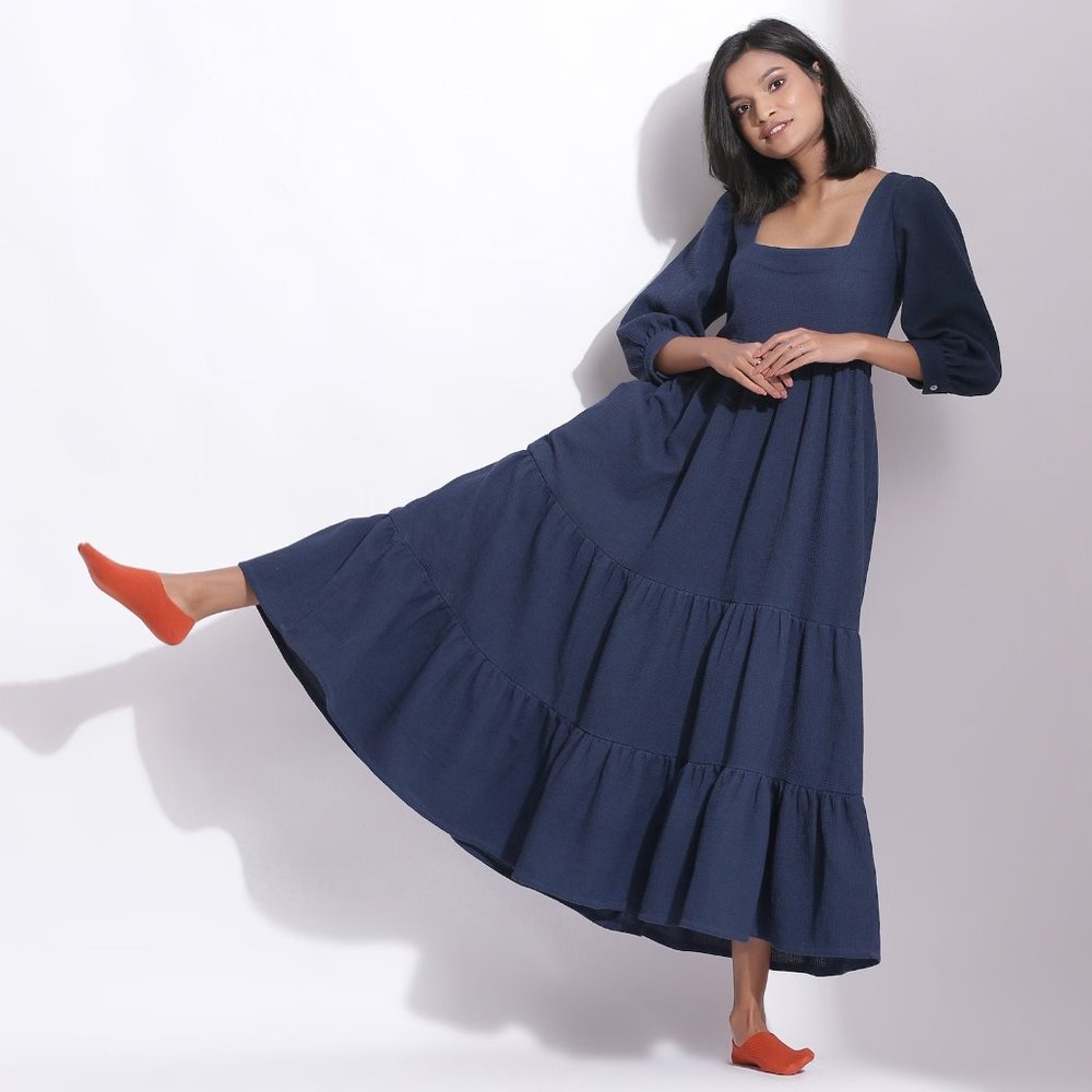Seamsfriendly | Waffleknit Square Neck Tiered Maxi Dress | Navy Blue | US Size 6